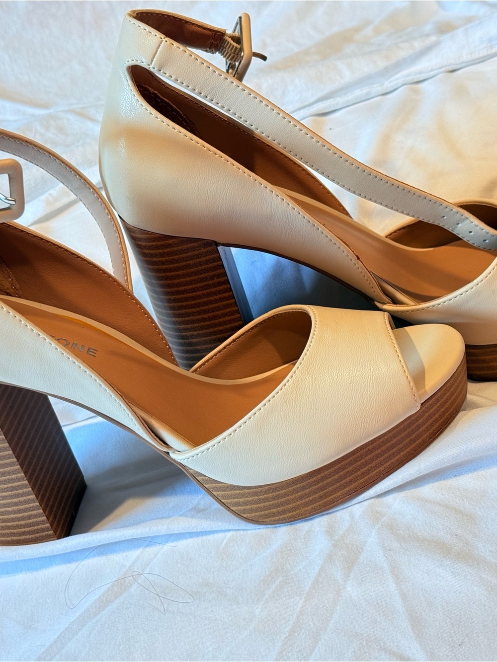 Sun + Stone Cream Platform Block Heel Sandals with Wood-Look Heel